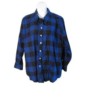 Lane Bryant 24 24W Royal Blue Black Plaid Button Down Shirt Top Blouse